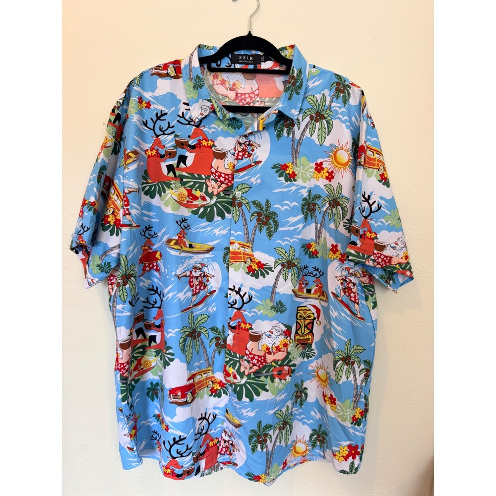 SSLR Christmas Hawaiian Shirt 2XL Blue Santa Surfing Tropical Mele Kalikimaka